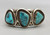 vintage hefty three-stone turquoise bracelet, handmade sawtooth bezels with twisted wire and silver dot accents, hand stamped designs