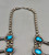 vintage turquoise squash blossom necklace, five-stone turquoise cabochon naja, twisted wire and filework, link chain