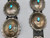 1970s era turquoise and sterling silver concho belt, oval conchos, turquoise cabochon, hand stamped designs, filework