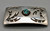 Hopi overlay belt buckle, Bernard Dawahoya, turquoise cabochon, sawtooth bezel