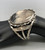 1940s moss agate sterling silver bracelet, silverwork of dots, twisted wire, and hand stamped designs.