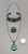 flush, turquoise channel inlay, geometric design on a ring, bracelet, and pendant
