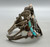 vintage multi-stone inlay bracelet, pictorial inlay Eagle Dancer design, accents of twisted wire, hand stamped designs, and silver dots, three wire terminal