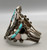 vintage multi-stone inlay bracelet, pictorial inlay Eagle Dancer design, accents of twisted wire, hand stamped designs, and silver dots, three wire terminal
