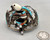 vintage multi-stone inlay bracelet, pictorial inlay Eagle Dancer design, accents of twisted wire, hand stamped designs, and silver dots, three wire terminal