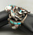 vintage multi-stone inlay bracelet, pictorial inlay Eagle Dancer design, accents of twisted wire, hand stamped designs, and silver dots, three wire terminal