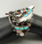 vintage multi-stone inlay bracelet, pictorial inlay Eagle Dancer design, accents of twisted wire, hand stamped designs, and silver dots, three wire terminal