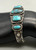 ingot silver bracelet, 5 turquoise cabochons, floral design,  hand stamped terminal
