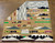 Large pictorial Navajo textile, mountains, clouds, people, cars and truck, a train, cows, horse, chickens, dogs