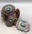 statement, handmade, 4 petal blossoms, center dangle, blue turquoise cabochons, carinated, vintage