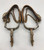 fancy California style spurs, leather spur straps, single mounted, iron work, 14 point rowels, turned down shanks, chap guards, engraved silver buttons, incised silver, original heel chains,