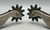 Ray Anderson, swan neck spurs,, engraved silver appliques, diamond shape incised silver plates, silver heel buttons, basket weave pattern.