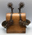 antique, single mounted, California style, leather straps, silver inlay, 14 point rowels, chap guards, repousse design