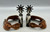 fancy spurs, matching conchos, Clint Mortenson, double mounted, silver overlay, incised silver feather, silver and copper overlay plates, nine point rowel,