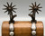 California style spurs, chap guards, inlaid silver, silver dot accents, concho style button, bucking horse figure, hell chains, leather straps, Circa late 1800s to early 1900s.