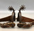 California style spurs, Hernandez Brothers, silver engraved inlays, chased designs, heel chains, chap guards, drop shank, Circa late 1800s to early 1900s