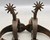 California style spurs, silver mountings, leather straps, single mounted spurs, engraved silver, inlaid silver strips, 10 point rowel,  Circa early 1900s