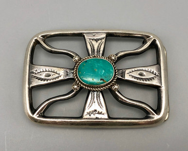 Vintage Navajo Sand Cast Sterling Silver & Turquoise Belt Buckle Signed WJH Vintage Sand Cast Sterling Silver & Turquoise Navajo Belt  main image 2