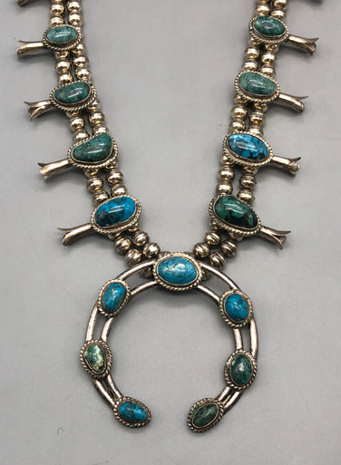 Seventeen Stone Turquoise and Sterling Silver Squash Blossom Necklace