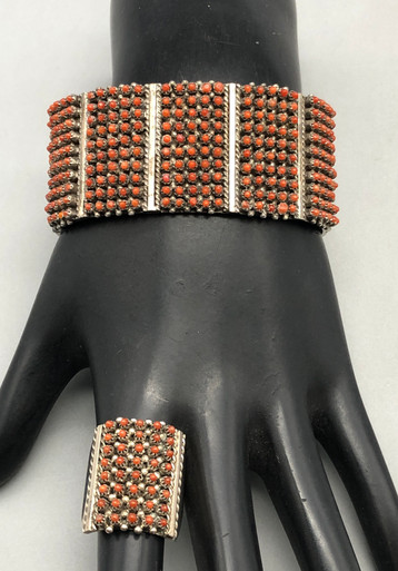Zuni Snake Eye Coral Bracelet and Ring Set by Sam Haloo