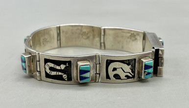 Unique Hopi Sterling Silver Overlay With Multi Stone Inlay Bracelet