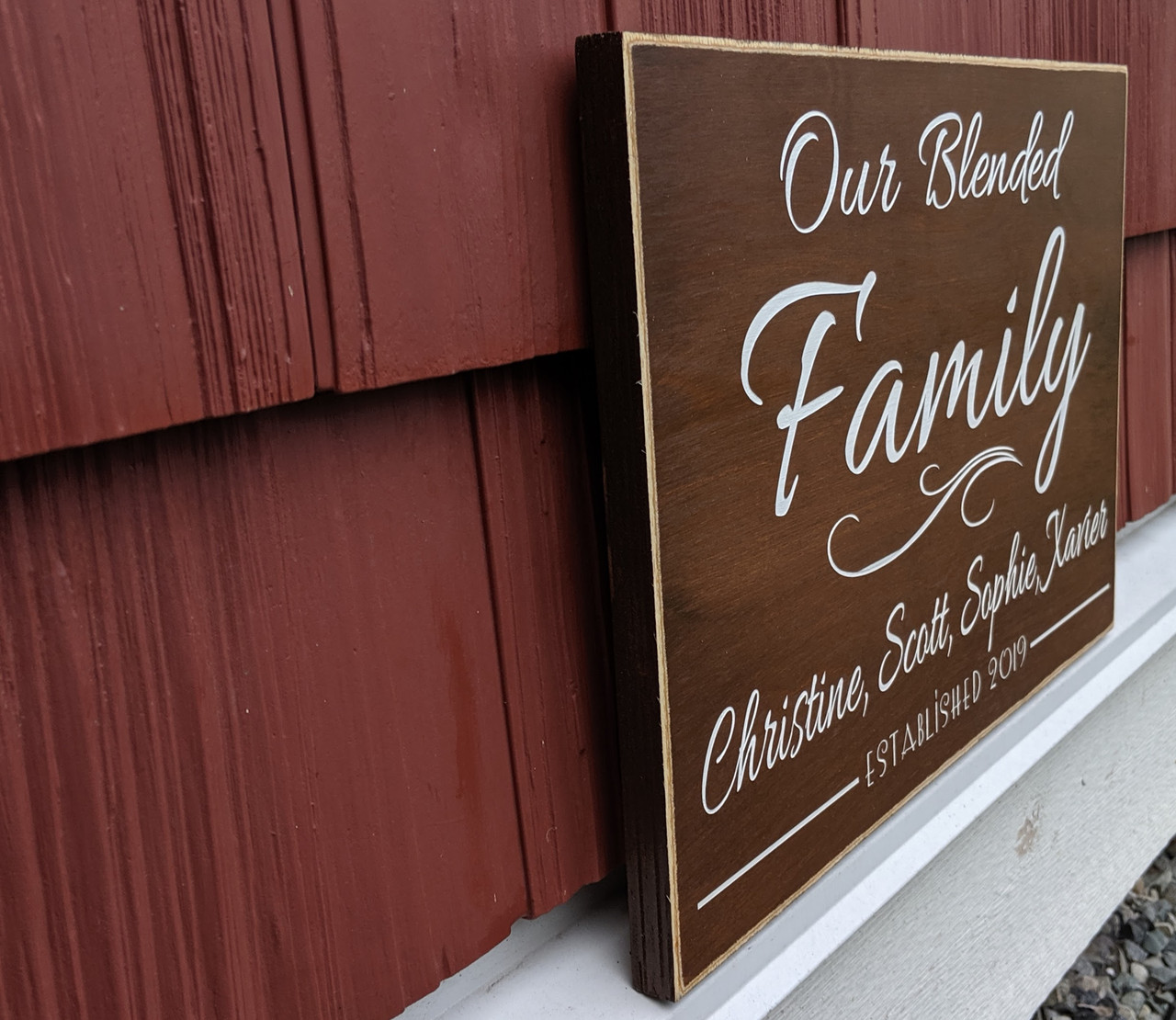 Custom blended family name sign - side view