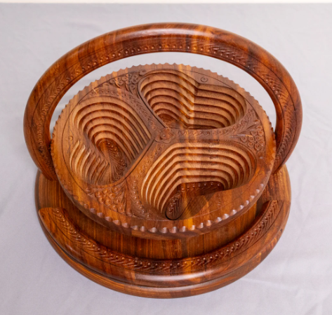 Folding wooden basket 12 inch with 3 heart compartments