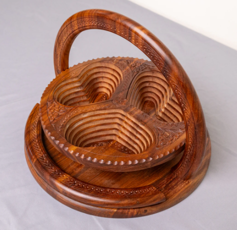 Folding collapsible wooden basket 12 inch with 3 heart compartments