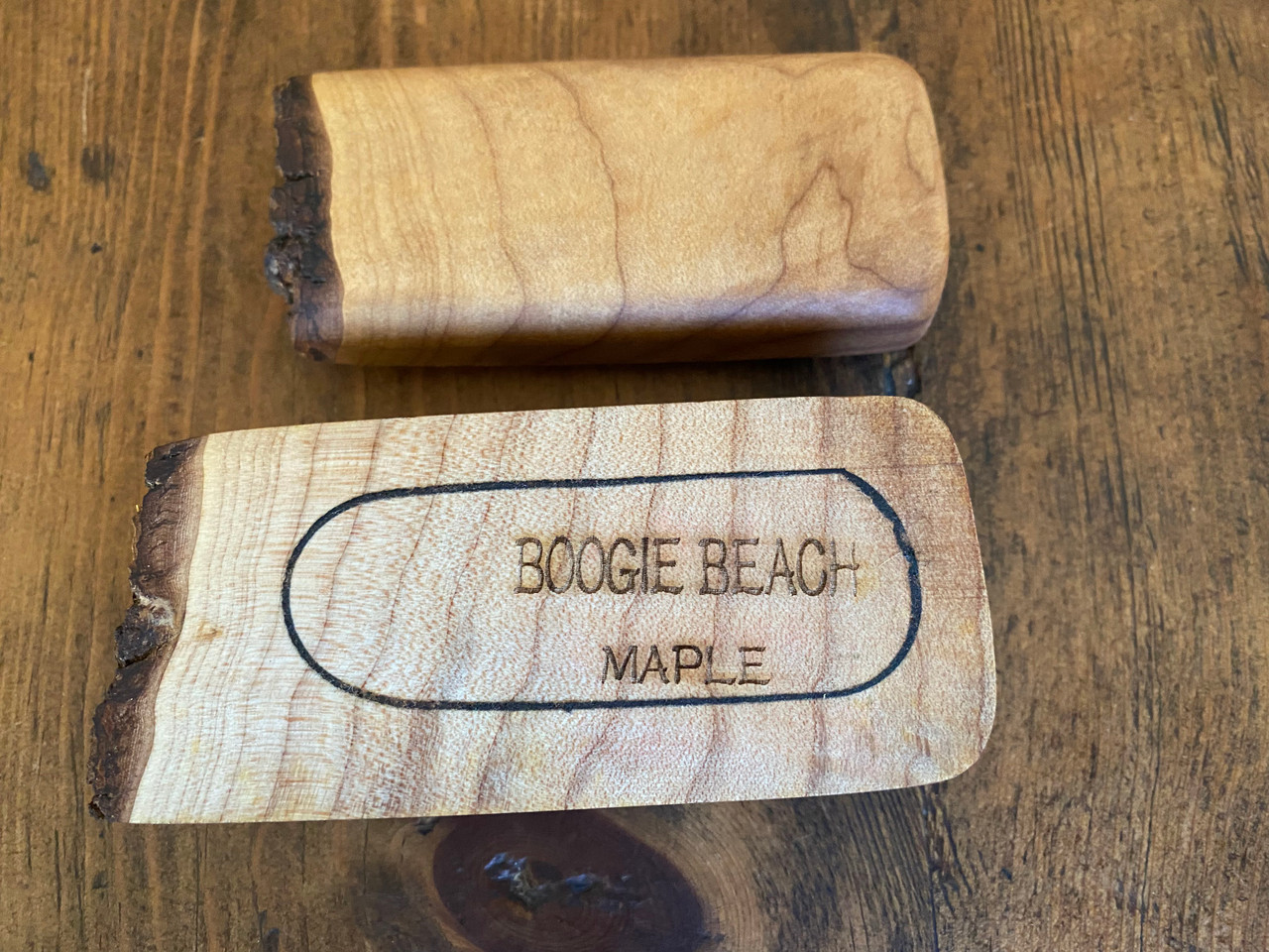 Boogie Beach Box - Maple Burl - underside logo