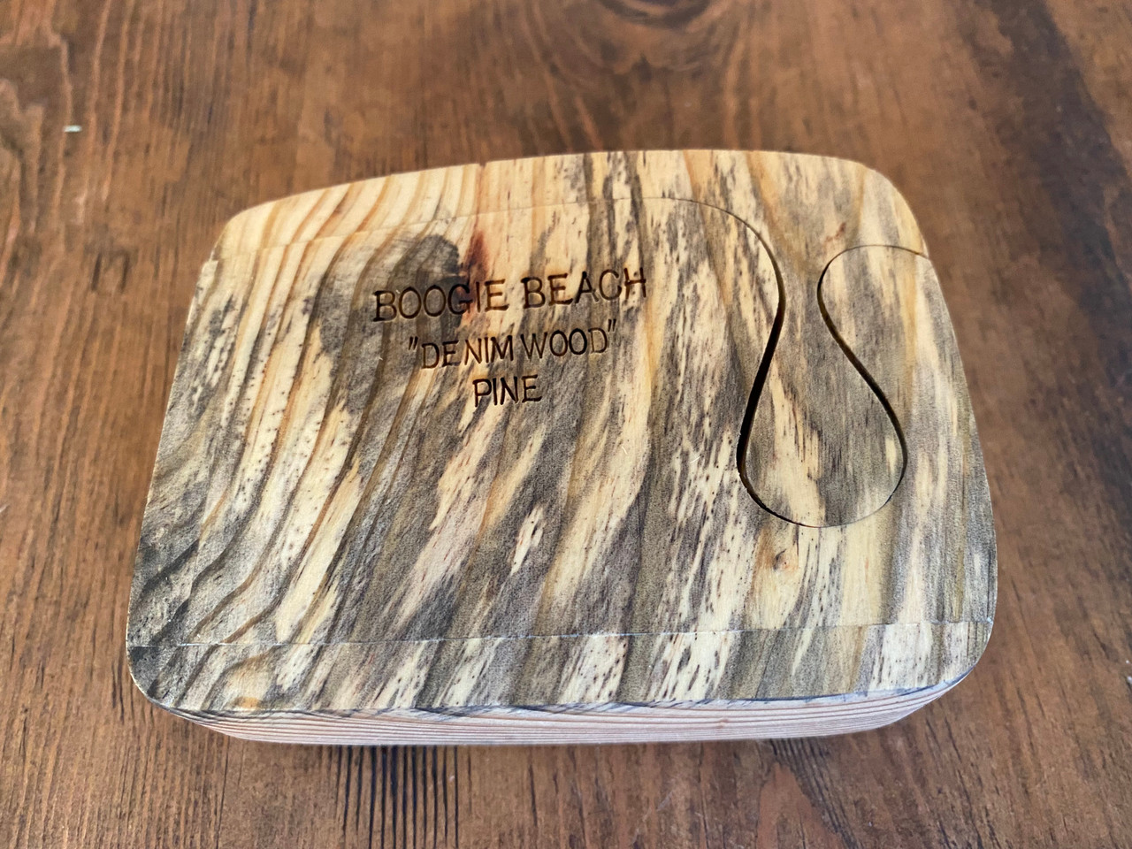 Boogie Beach Puzzle Box - Spalted Denim Pine - underside logo