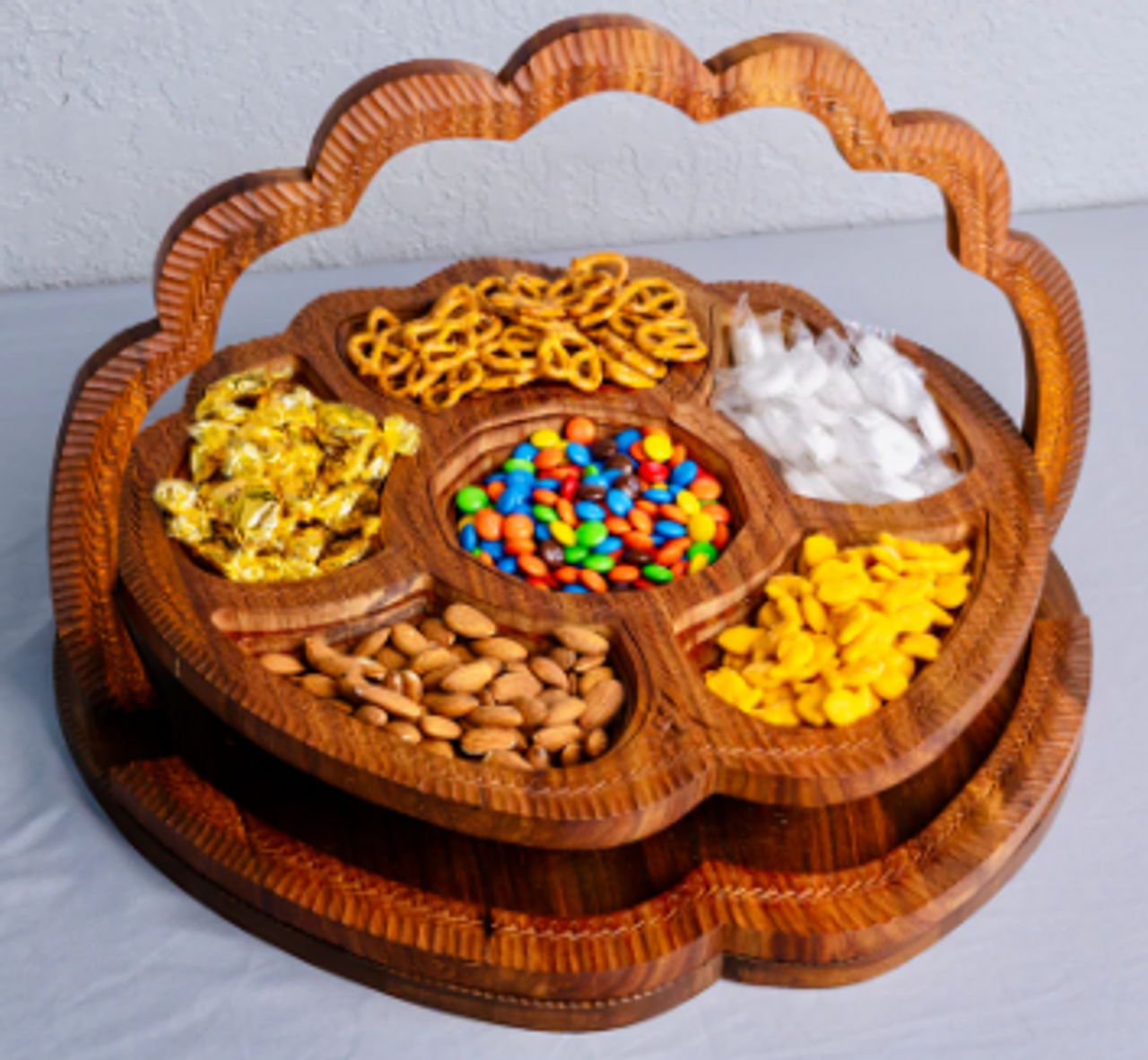 18 inch collapsible folding wooden basket - 6 decorative compartments - shown with snacks