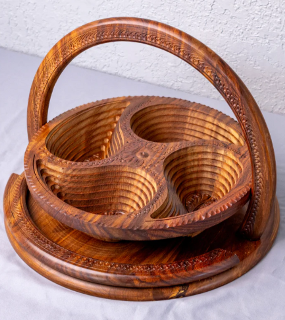 Collapsible Wooden Basket 14 inch with 4 paisley shapped compartments