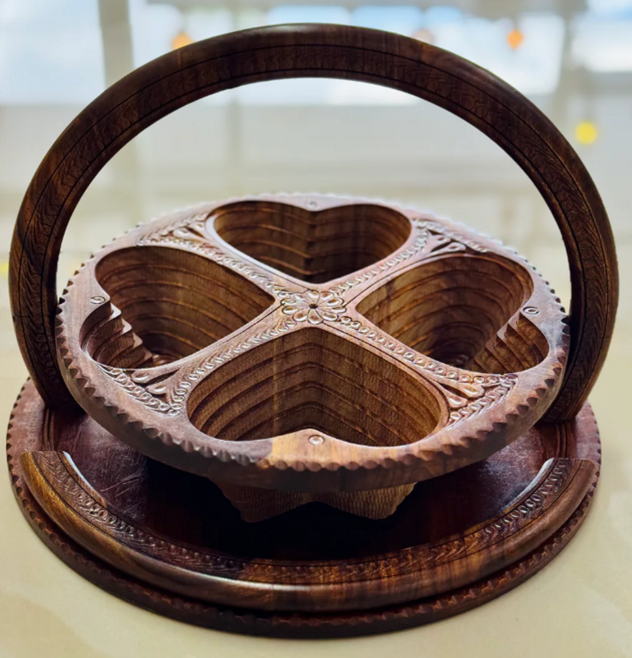 Collapsible Wooden Basket 14 inch - 4 heart compartments - upright