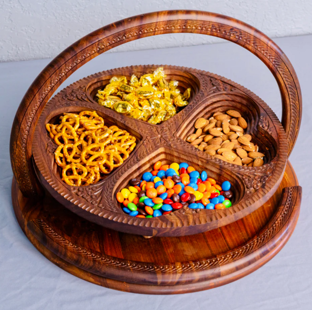 Collapsible Wooden Basket 14 inch heart compartments with candies