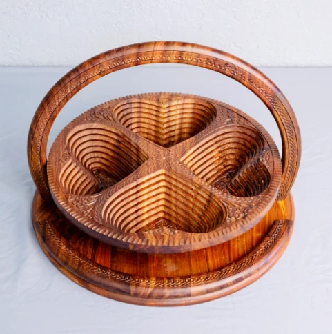 Wood Basket with Four Heart Compartments 18" base