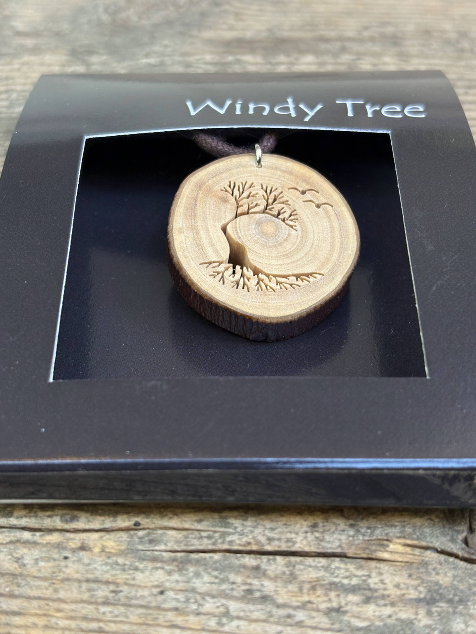 Windswept Arbutus Tree With Birds Wood Pendant by Windy Tree Artisan - Depth View