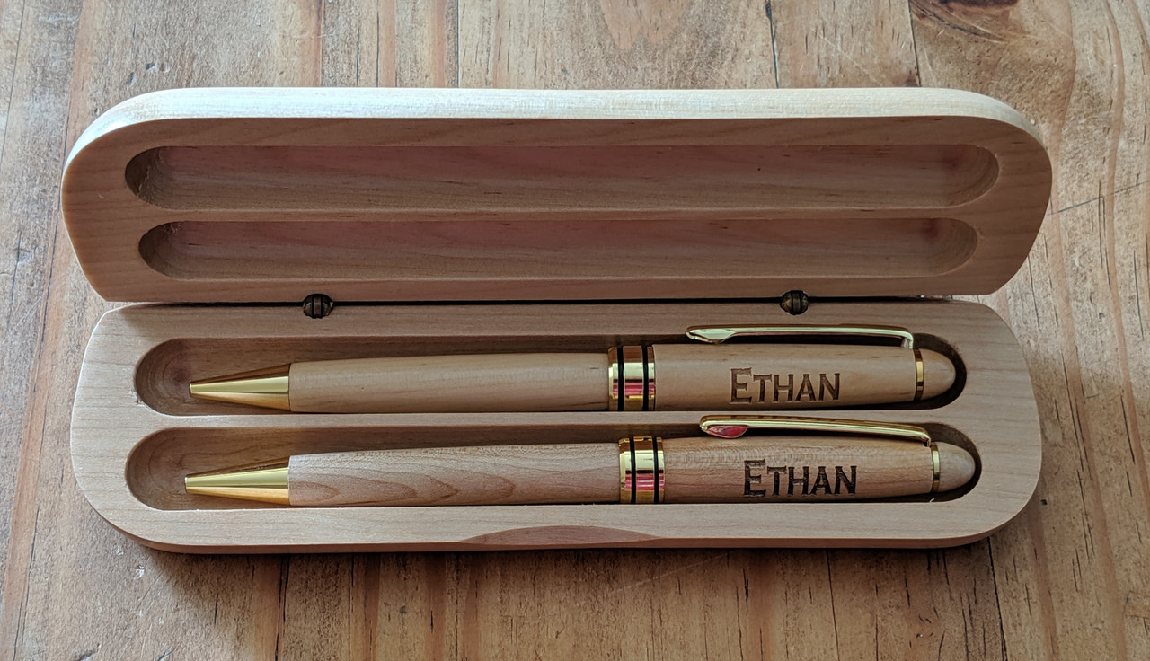 Personalized Wooden Ballpoint Pen Set with Maple Case | 7 Wood Pens, Add Custom Image | Gift