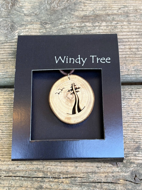 Two Are One Evergreen Tree with Birds Wood Pendant by Windy Tree Artisan - Depth View