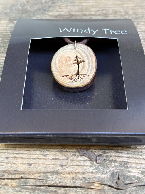 Evergreen Tree with Roots Arbutus Wood Pendant by Windy Tree - Depth View