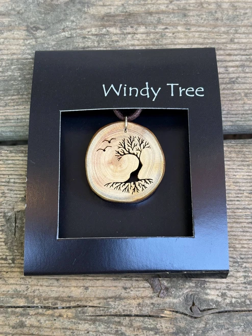 Windswept Arbutus Tree With Birds Wood Pendant by Windy Tree Artisan - Depth View