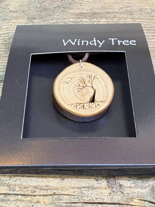 Windswept Arbutus Tree With Birds Wood Pendant by Windy Tree Artisan - Depth View