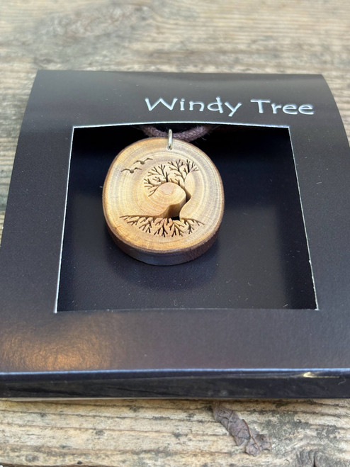 Windswept Arbutus Tree With Birds Wood Pendant by Windy Tree Artisan - Depth View