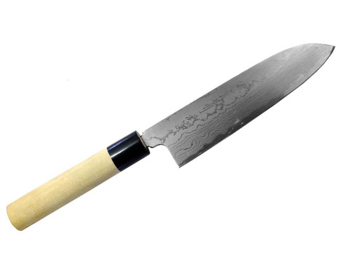 ARITSUGU SANTOKU DAMASCUS BLUE CARBON STEEL JAPANESE HANDLE 170mm with Sheath