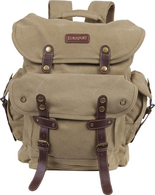 Eurosport Backpack Vintage Style WWII World War II Heavy Duty Khaki Canvas Back Pack B704 Padded and Adjustable