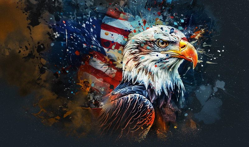 Portrait of an eagle with American flag splatted over it.