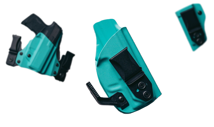A Lighttuck with claw, ProTuck and MagTuck in matching Tiffany-Blue Kydex float on a transparent background