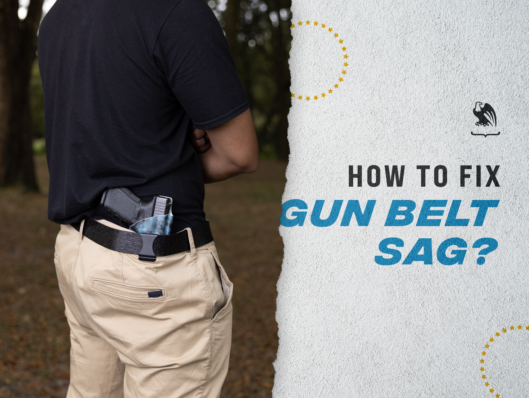 The image depicts a man from the waist down wearing a gun belt with a holster, focusing on belt sag and positioning.