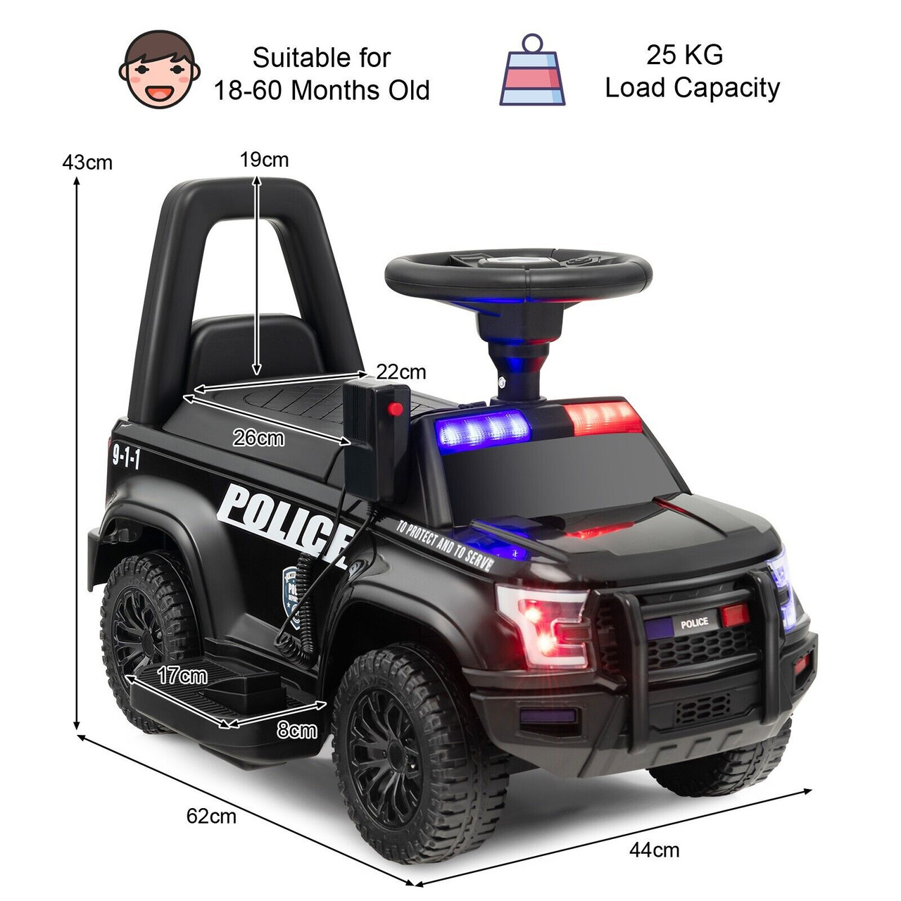 6v Police Style sit-on Car for Toddlers With Sirens Lights
