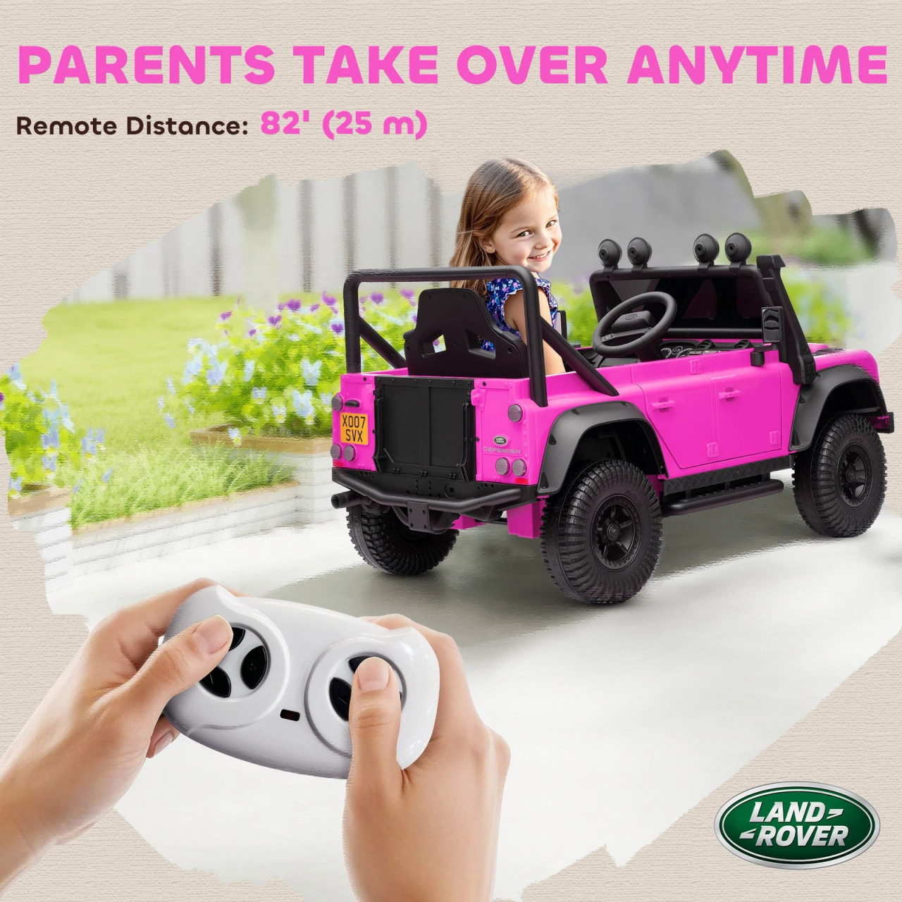 Girls Pink Official Land Rover Defender 12v Ride on Car Remote