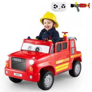 Kids 12V Battery Red Ride On Fire Truck Toy with Firemans Hose